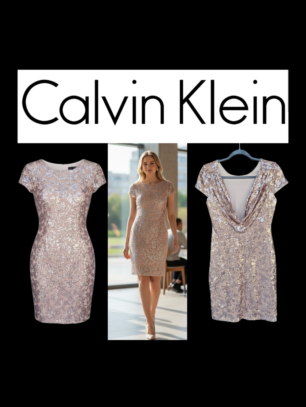 Calvin Klein Womens Nude Rose Gold Sequin Drape Back Knee Length Dress Size 4